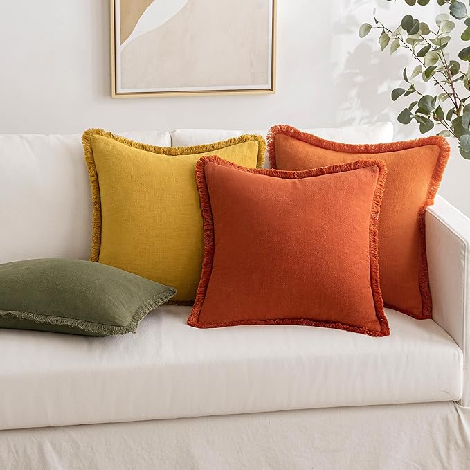 MIULEE Fall Decorative Throw Pillow Covers Neutral Linen Fringe Throw Pillows Euro Shams Set of 2 Orange Boho Farmhouse Cushion Covers for Couch Sofa Bed Living Room Spring Home Decor 22x22 Inch