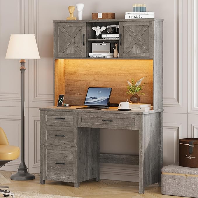 Farmhouse 67" H Executive Desk with Hutch,Office Desk with 4 Drawers and LED Light, Computer Table with Storage Cabinet & File Drawers and Charging Station, Wood Workstation for Home Office and Study