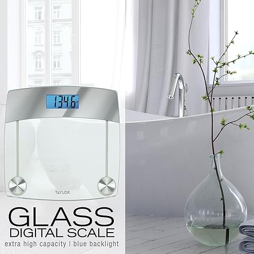 Taylor Digital Scales for Body Weight, Extra Highly Accurate 440 LB Capacity, Unique Blue LCD, Stainless Steel Accents GlassPlatform, 12.4 x 12.4 Inches, Clear
