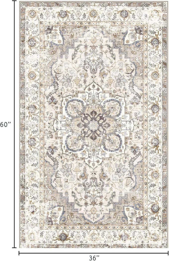 3x5 Washable Area Rug - Small Entryway Rug Non-Slip Cream Vintage Oriental Kitchen Rugs Low Pile Boho Carpet Throw Rugs for Living Room Bedroom Bathroom Entrance Dorm Office Home Decor