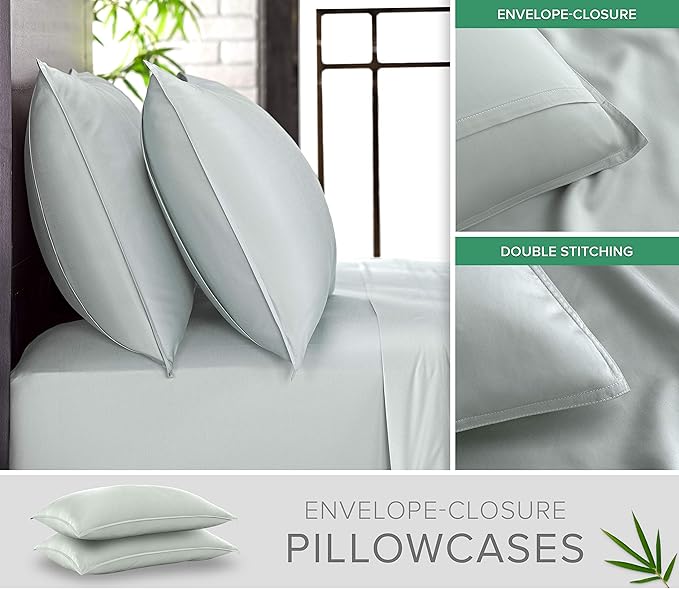 Split King Sheets by Pure Bamboo, Genuine 100% Organic Viscose Derived from Bamboo Bed Sheet Set, Soft & Cooling, Double Stitching *Not for Split Top (Split King, Sea Glass)
