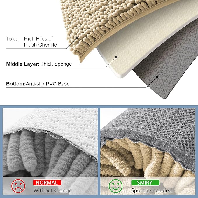 Smiry Luxury Chenille Bathroom Rugs 36x24, Extra Soft and Absorbent Shaggy Bath Mat, Machine Washable, Non-Slip Plush Carpet Runner for Tub, Shower, and Floor, Home Decor Accessories, Beige
