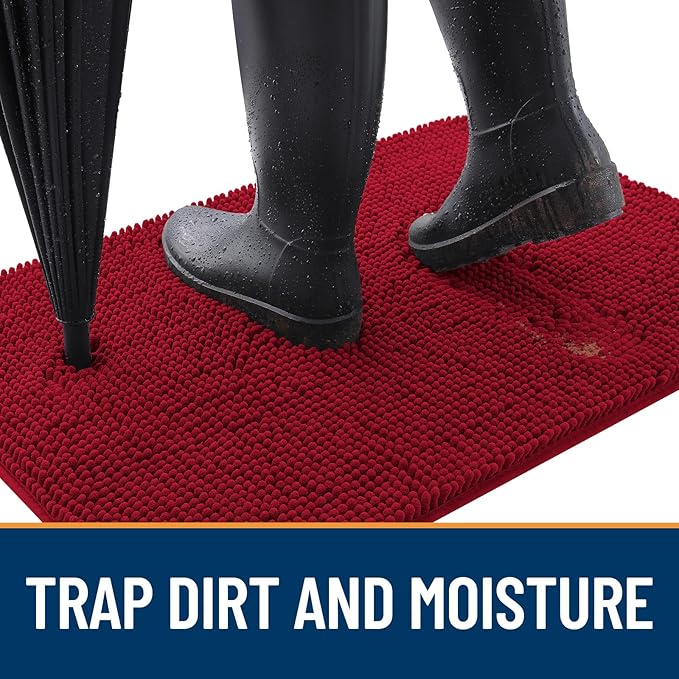 OLANLY Dog Door Mat for Muddy Paws 40x32, Absorbs Moisture and Dirt, Absorbent Non-Slip Washable Doormat, Quick Dry Chenille Mud Mat for Dogs, Entry Indoor Entryway Carpet for Inside Floor, Red