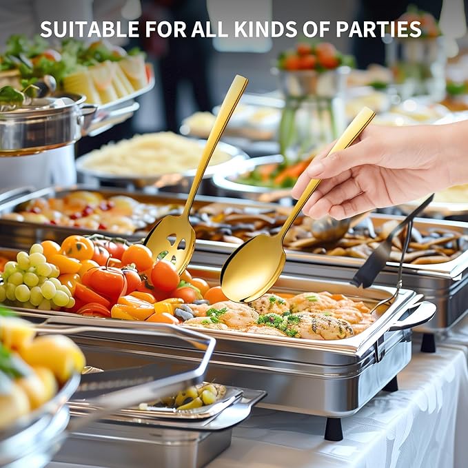 8 Piece Stainless Steel Serving Spoons Set - 4 Large, 4 Slotted, 9.2-Inch, Dishwasher Safe, for Parties/Kitchen/Buffet/Catering,Gold