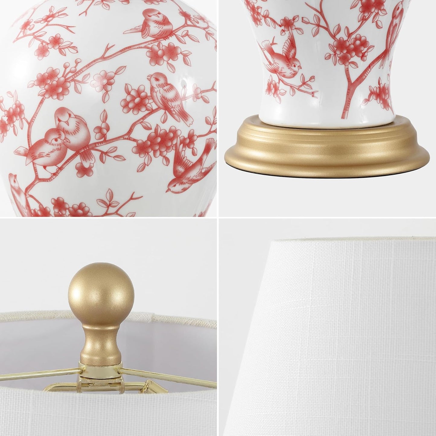 JONATHAN Y JYL3009C Grace 24" French Country Cottage Ceramic/Iron Floral Urn LED Table Lamp, White/Red for Bedroom, Living Room, Office, College