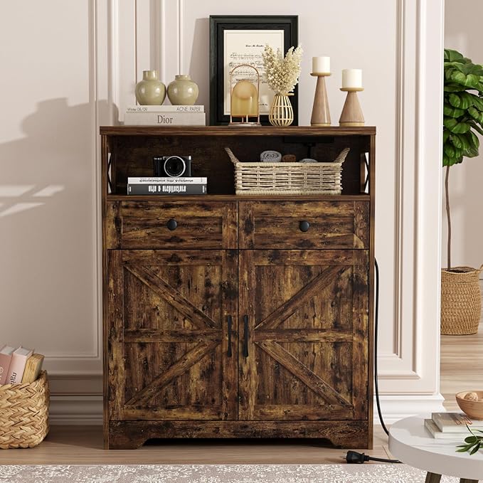 31.5" Rustic Brown Storage Cabinet with Doors and Drawers, Farmhouse Sideboard Buffet Cabinet with Storage, Kitchen Pantry Hutch, Coffee Bar Station Table for Kitchen, Livingroom, Dining Room