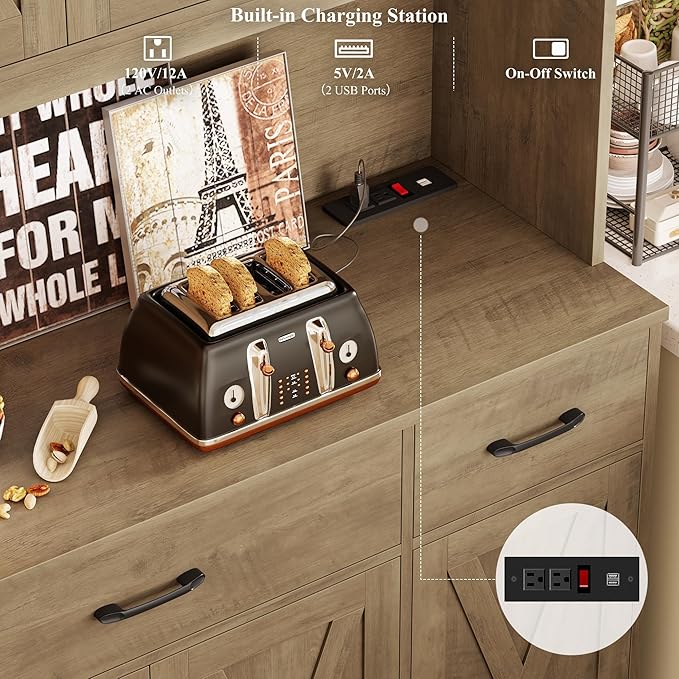 HOSTACK 71" Tall Kitchen Pantry Storage Cabinet with Charging Station, 55" Wide Kitchen Hutch Cabinet with Large Countertop, Farmhouse Food Pantry with Drawers for Living Room (Rustic Brown)