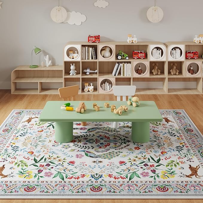 Living Room Rug 5x7 Rug Machine Washable Area Rug Floral Non-Slip Low Pile Large Rugs for Living Room, Bedroom, Farmhouse, Dining Room, Kids Playroom(Colorful)