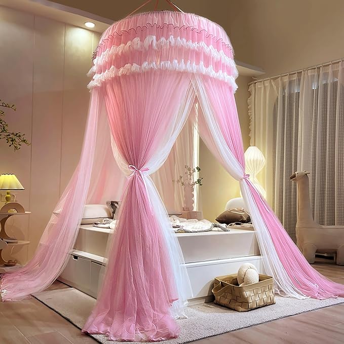 Kertnic Dreamy Bed Canopy for Girls, Princess Canopy Curtains Double Layer Sheer Mesh, Kids & Adults Canopies Netting Room Decor Tent Mosquito Net for Queen King Bed (Double Layer-Peach Pink)