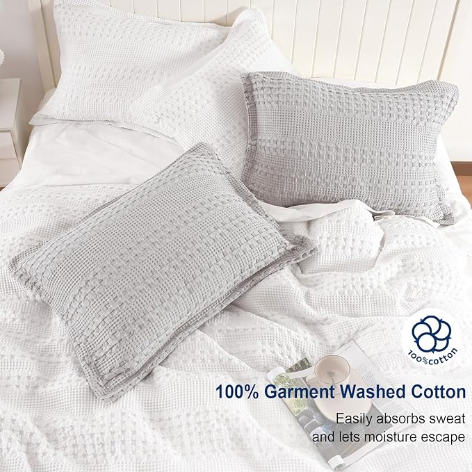 PHF 100% Cotton Ruffle Waffle Pillow Shams King Size, 2 Pack 20" x 36" Soft Skin-Friendly Pillowcases, No Filling, Aesthetic Home Decor, Breathable Waffle Weave Bed Pillow Covers, Light Grey