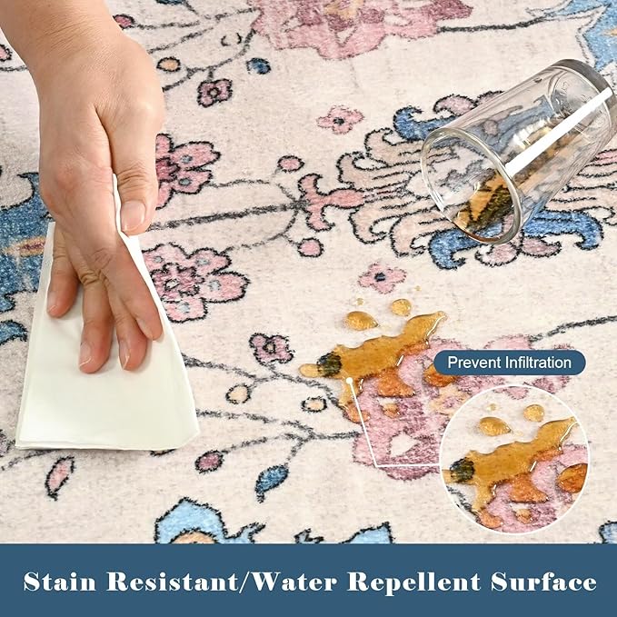 Vasofe 5x7 Rug for Bedroom, Washable Living Room Rugs for Dining Room, Cream Indoor Floor Mat, Vintage Floral Mats for Home Decor, Farmhouse, Laundry Room, Non Slip Low Pile Soft Modern Carpet