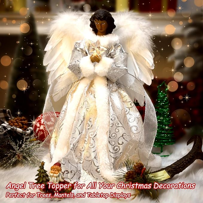 Angel Tree Topper with Lights, Lighted Tree Toppers Christmas Decorations, Elegant and Durable, Perfect for Holiday Home Decor and Gifts, Black, WOKEISE