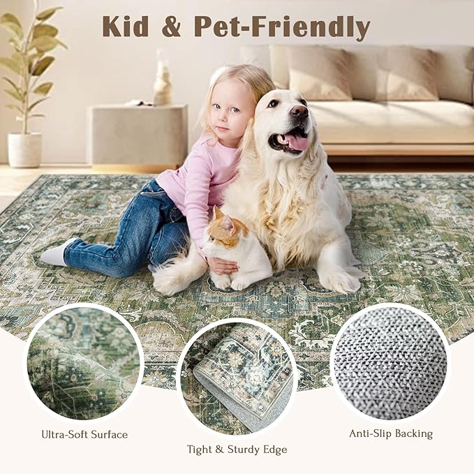 Washable Area Rug 5x7 - Boho Living Room Rug Stain Resistant Soft Bedroom Rug Ultra-Thin Moss Green Vintage Oriental Farmhouse Dining Room Rugs for Under Table Indoor Carpet for Living Room