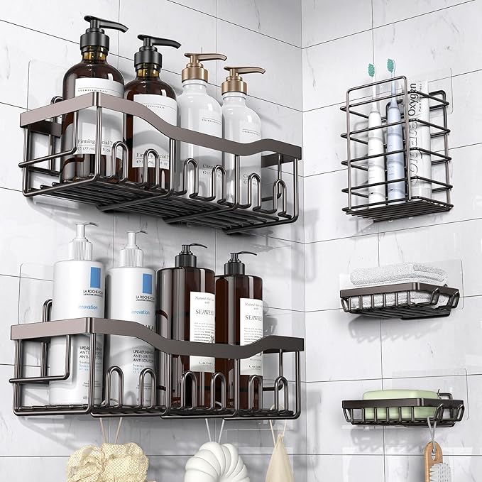 5-Pack Rustproof Stainless Steel Shower Caddy Set– No Drill Adhesive Bathroom Organizer, Space-Saving Shower Shelves for Apartment Essentials, Bathroom/Kitchen Storage Home Decor-L Size