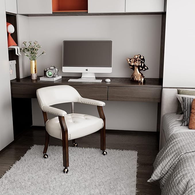 MODERION Solid Wood Boss Caption's Chairs,Dinning Chairs with Wheels and Arms,Office Desk Chairs, Classic Swivel Accent Chairs with Upholstered,Dinner Chairs, 31.5¡±H White SY318WT