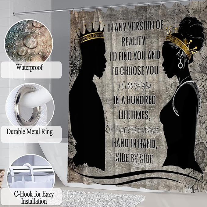 4 Pcs King Queen Couple Shower Curtain Set, Black Man Women Bathroom Sets with Shower Curtains and Rugs Toilet Lid Cover Bath Mat, Romantic Words Waterproof Fabric Bathroom Decor