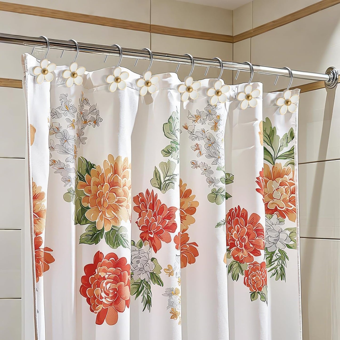 Cute Flower Shower Curtain Hooks, Pretty Floral Themed Elegant Bathroom Decor, Gold/White
