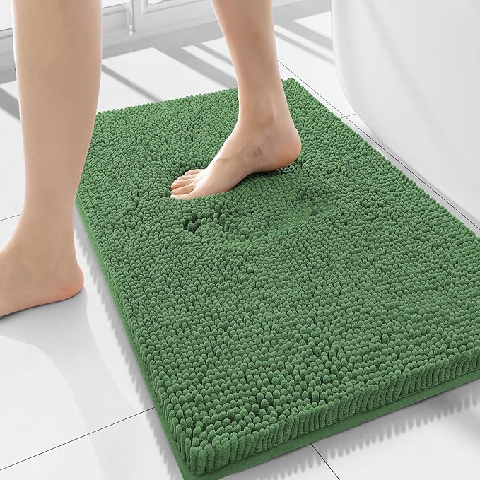 Smiry Luxury Chenille Bathroom Rugs 34x21, Extra Soft and Absorbent Shaggy Bath Mat, Machine Washable, Non-Slip Plush Carpet Runner for Tub, Shower, and Floor, Home Decor Accessories, Olive Green