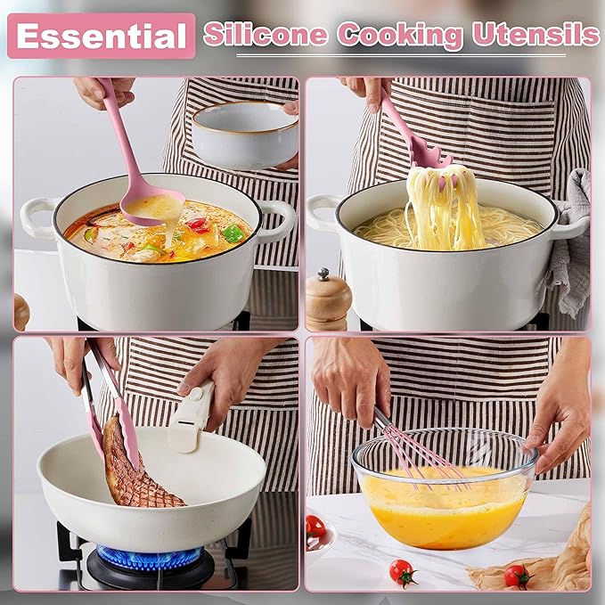 LIANYU 14 Pcs Kitchen Utensils Set, Silicone Cooking Utensils Spatula Set with Holder, Heat Resistant Cookware Tools Includes Spoon Turner Whisk Tong, Dishwasher Safe, Pink