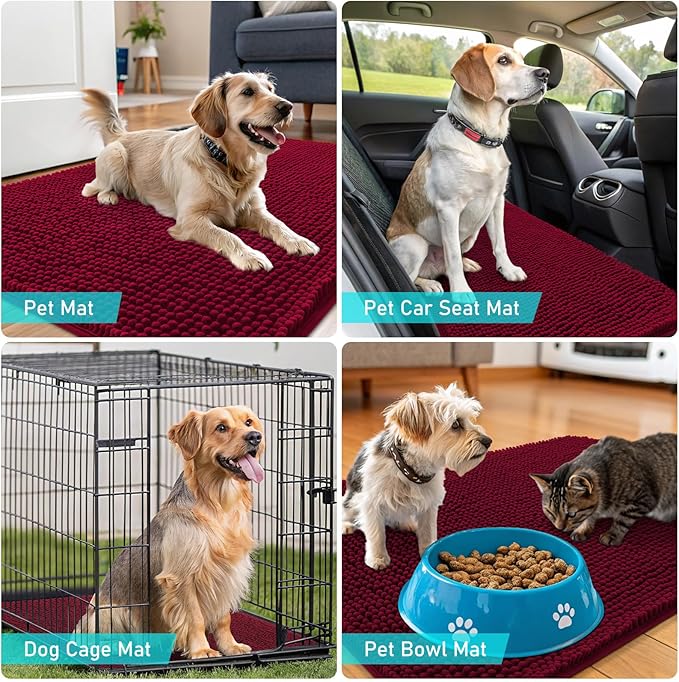 OLANLY Dog Door Mat for Muddy Paws 40x24, Absorbs Moisture and Dirt, Absorbent Non-Slip Washable Doormat, Quick Dry Chenille Mud Mat for Dogs, Entry Indoor Entryway Carpet for Inside Floor, Burgundy