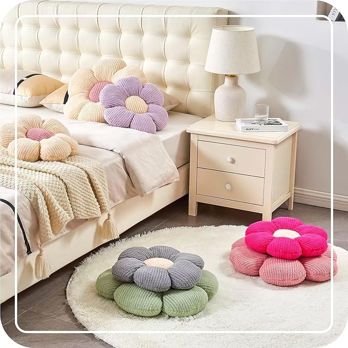 White Brown Flower Pillow, 14.9" Cute Flower Shaped Floor Pillow, Aesthetic Floral Plush Daisy Decorative Throw Pillows for Bed Sofa Couch