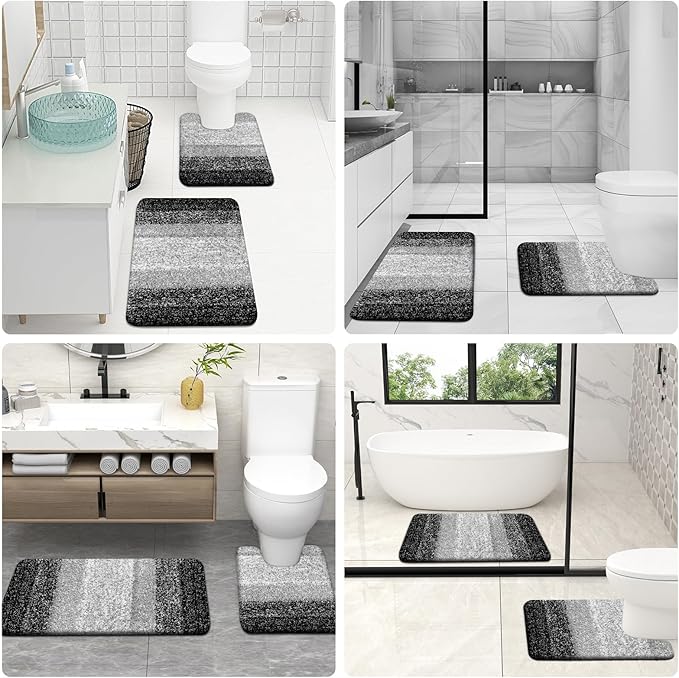 OLANLY Bathroom Rug Set 2 Piece, Soft Absorbent Microfiber Bath Mats and U-Shaped Contour Toilet Rug, Non-Slip, Machine Wash Dry, Plush Shaggy Bath Mats for Bathroom (24"x16"+24"x20", Black)