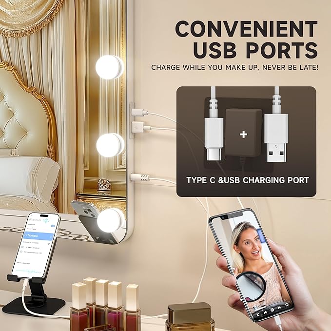 32''X22'' Hollywood Vanity Mirror with Lights, with Bluetooth Speaker, 3 Color Lighting Modes & Stepless Dimming, USB & Type-C Charging Port, 5X Magnification