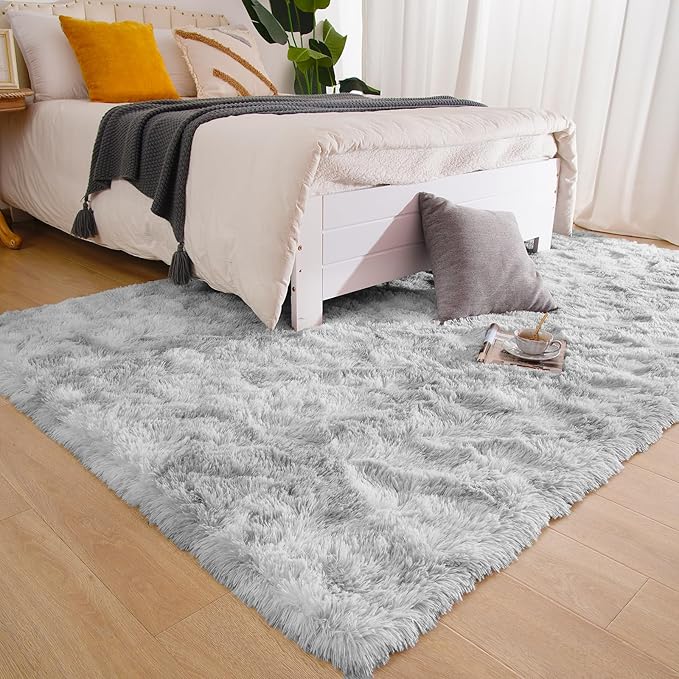 Tie Dyed Grey Fluffy 8x10 Area Rug for Living Room, Plush Shag Rugs for Bedroom, Large Soft Furry Carpets for Kids Room, Modern Indoor Nursery Carpet for Classroom Dorm Cozy Comfy Home Decor