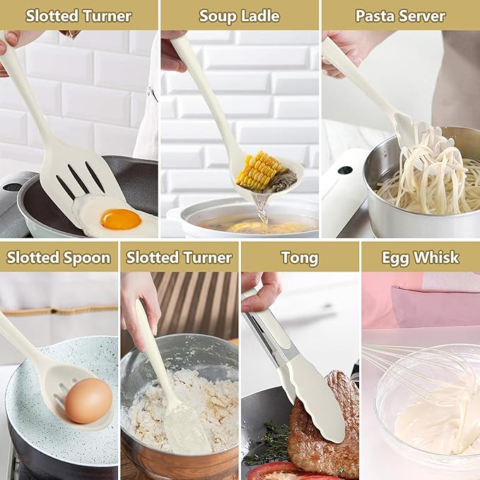 LIANYU 14 Pcs Kitchen Utensils Set with Holder, Silicone Cooking Utensils Spatula Set, Heat Resistant Cookware Tools Includes Spoon Turner Whisk Tong, Dishwasher safe, Cream White