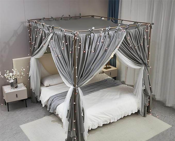 4 Corners Post Princess Curtain Bed Canopy Double Layer Cozy Mosquito Net Mesh and Cloth for Girls Adults Bedroom Decoration (Double-Grey/White, 78" W*86" L*82"*H/(King))