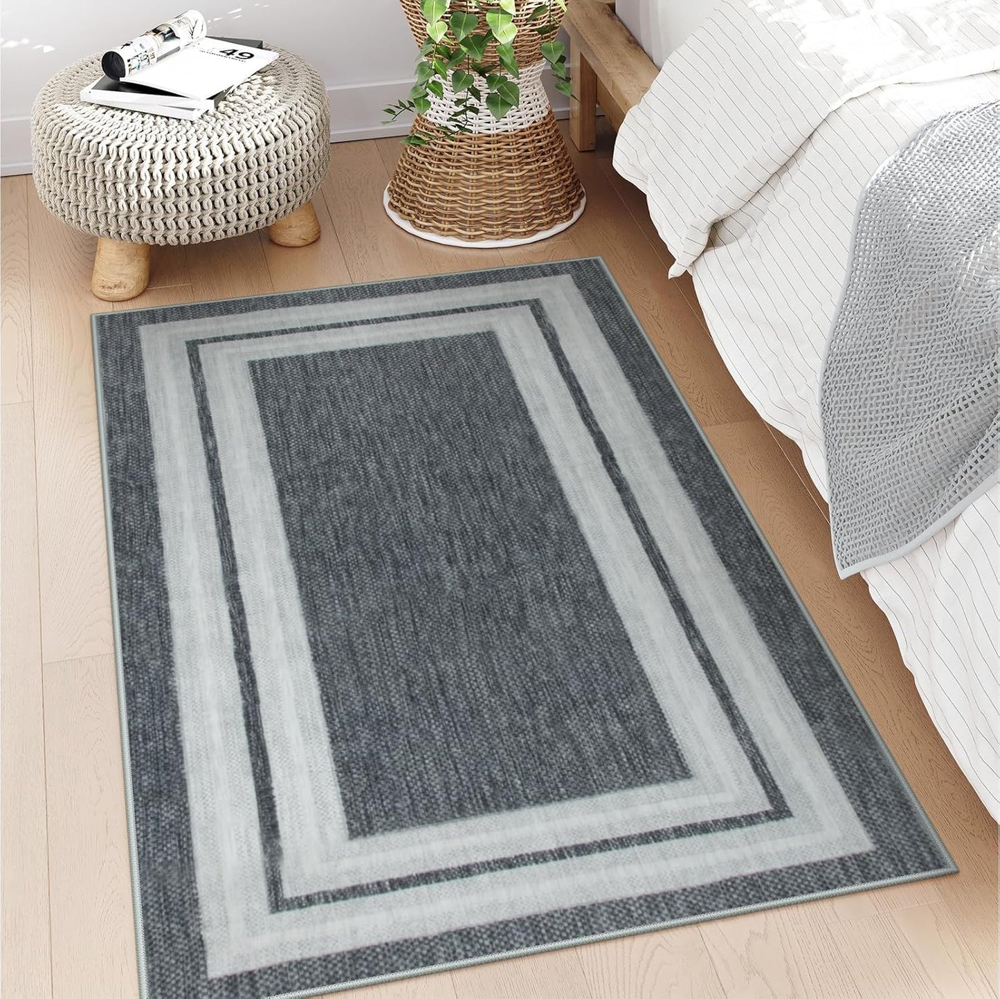 OJIA Modern Bordered Washable Rug 3'x5', Non Slip Throw Rugs for Entryway Soft Bedroom Entry Mat Non-Shedding Accent Rugs Indoor Door Mat Small Carpet for Kitchen Bathroom Office