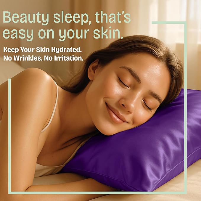 Purple Satin Pillowcase with Zipper, for Hair and Skin Care, Feels Soft and Cool Like a Silk Pillowcase, Satin Pillow Cases 2 Pack, Slik Pillow Cover, Grape/Purple, Standard - Set of 2