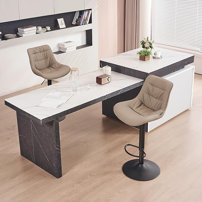 Kidol & Shellder Bar Stools Set of 2 Adjustable Swivel Khaki, PU Leather Upholstered with Back, Modern Counter Height Stools for Kitchen Island, Home Bar