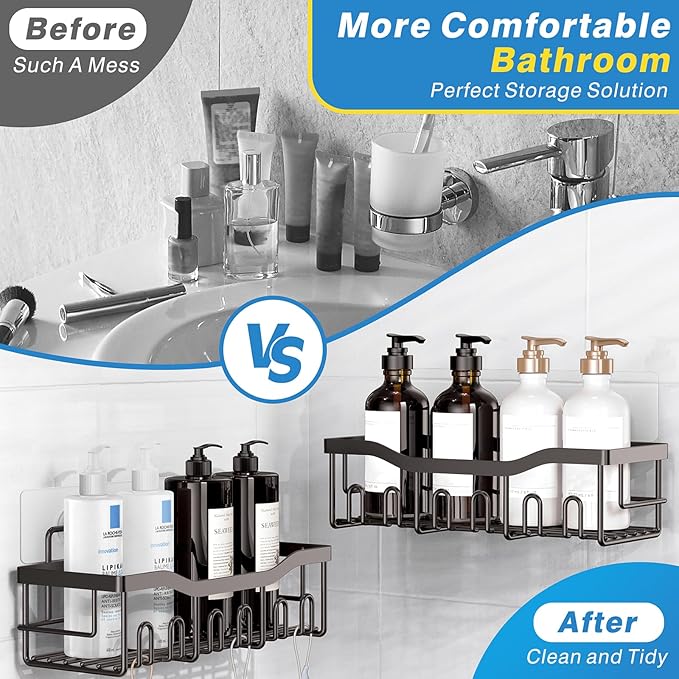 5-Pack Rustproof Stainless Steel Shower Caddy Set– No Drill Adhesive Bathroom Organizer, Space-Saving Shower Shelves for Apartment Essentials, Bathroom/Kitchen Storage Home Decor-L Size