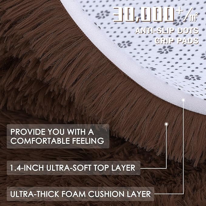 OLANLY Coffee Round Rugs for Bedroom - Machine Washable, 4 ft Circle Area Rugs for Living Room, Soft and Fluffy Shaggy Carpet for Teen Girls and Boys, Nursery Rooms, Dorms, Home Decor Aesthetic