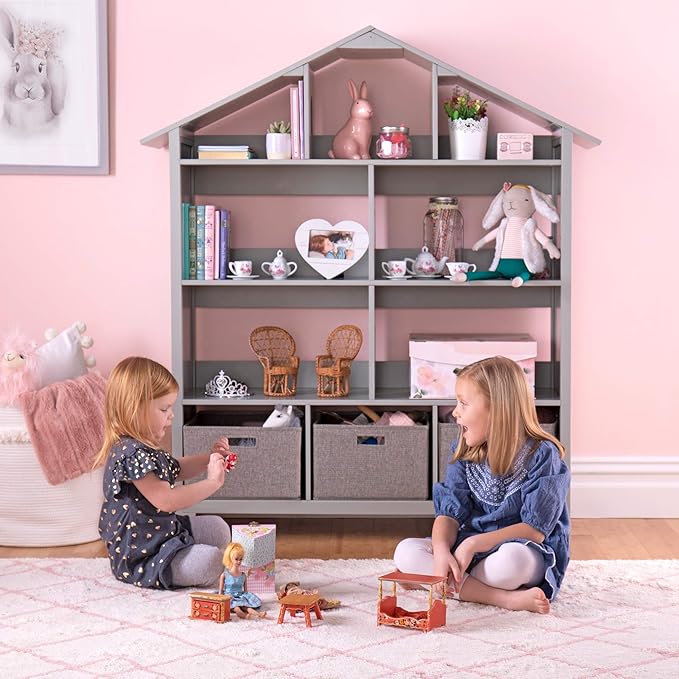 Martha Stewart Kids' Deluxe Dollhouse Bookcase - Gray: Kids Wooden Bookshelf and Tall Book Shelf Organizer with Toy Storage | Toddler Book Rack | Dollhouse Bookshelf | Playroom or Bedroom Storage