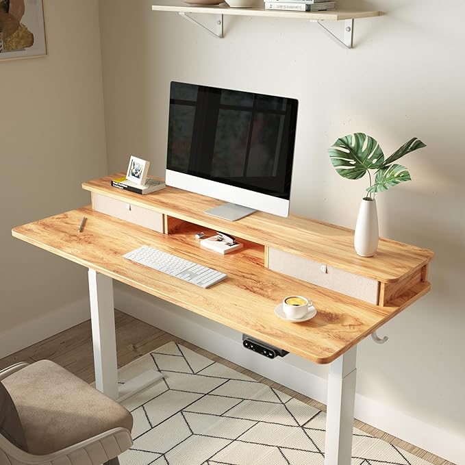 FEZIBO 55 x 24 Inch Whole-Piece Height Adjustable Standing Desk with Double Drawers, Sit Stand Desk, Stand Up Table (Send Two Packages), Light Rustic Top