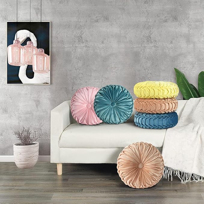 HIG Set of 2 Decorative Round Pleated Throw Pillows,Classy Accent Pumpkin Throw Pillows with Center Button,Vintage Velvet Floor Pillows for Sofa Vanity Chair Bed,Blush,16" Diameter(Ripple)