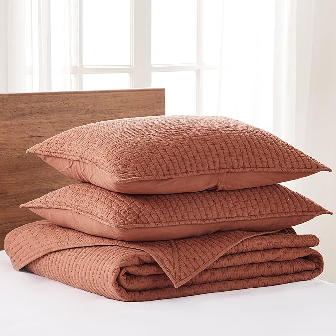 Levtex Home Cross Stitch Reversible Twin Bedspread Set (84x104in) with 1 Pillow Sham (26x20in) - Stitch Texture - Adobe - Cotton Twin Size Bedspread Set - Lightweight, Soft, Pre-Washed