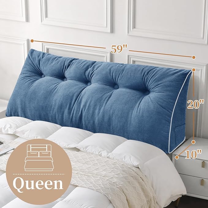 Sasttie Headboard Pillow Queen, Triangular Wedge Pillow Headboard, Wedge Headboard Pillow for Bed Sofa, Daybed Pillows for Sitting up, Reading or Working with Removable Cover, Blue