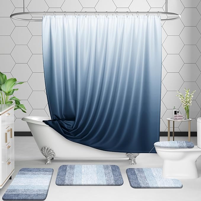 OLANLY Bathroom Rug Set 2 Piece, Soft Absorbent Microfiber Bath Mats and U-Shaped Contour Toilet Rug, Non-Slip, Machine Wash Dry, Plush Shaggy Bath Mats for Bathroom (24"x16"+24"x20", Blue)