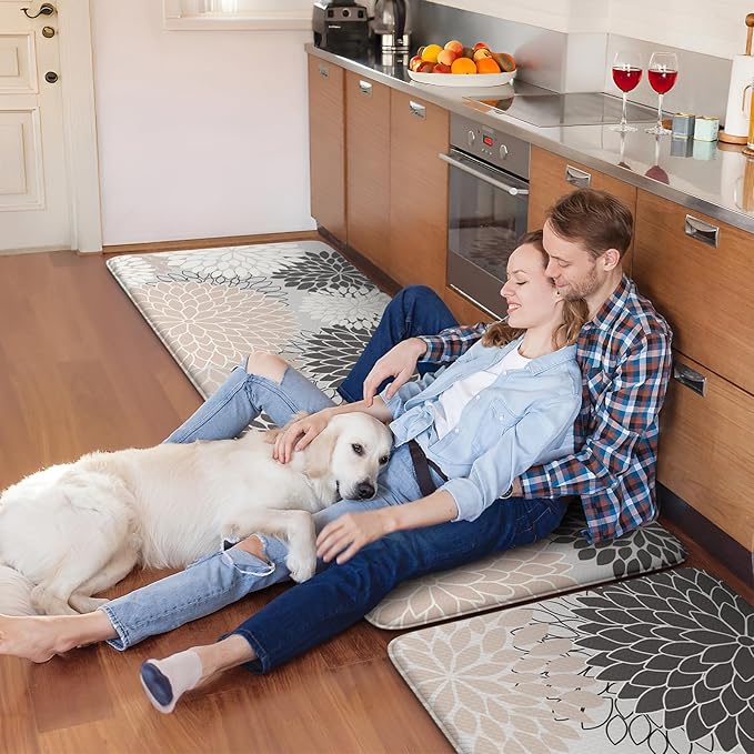 KIMODE Anti Fatigue Kitchen Mats for Floor, Boho Floral Kitchen Rugs Sets of 2, Non Slip Waterproof Kitchen Floor Mats, Memory Foam Kitchen Mat for Sink, Laundry, Office, Desk Pink 20"x47"+20"x32"