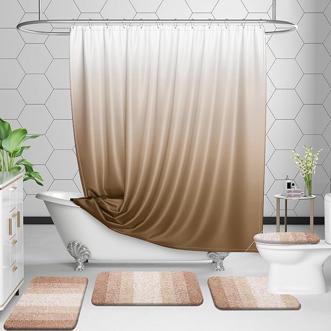 OLANLY Bathroom Rug Set 2 Piece, Soft Absorbent Microfiber Bath Mats and U-Shaped Contour Toilet Rug, Non-Slip, Machine Wash Dry, Plush Shaggy Bath Mats for Bathroom (24"x16"+24"x20", Beige)