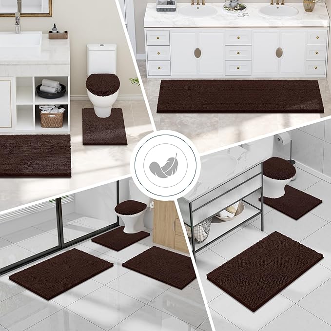 Smiry Luxury Chenille Toilet Rugs U-Shaped 24x24, Soft Absorbent Non-Slip Contour Bathroom Rugs for Toilet, Machine Washable Contoured Bath Mats, Brown