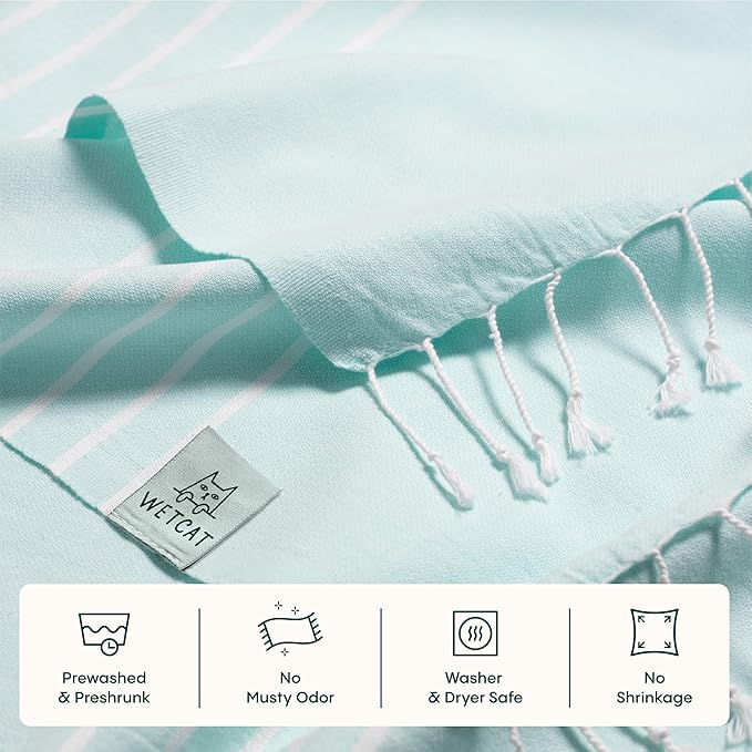 WETCAT Turkish Beach Towel Oversized (38"x71") 100% Turkish Cotton, Made in Turkey - Sand Free, Extra Large, Ultra Soft, Quick Drying, Compact & Lightweight for Travel - Aquamarine