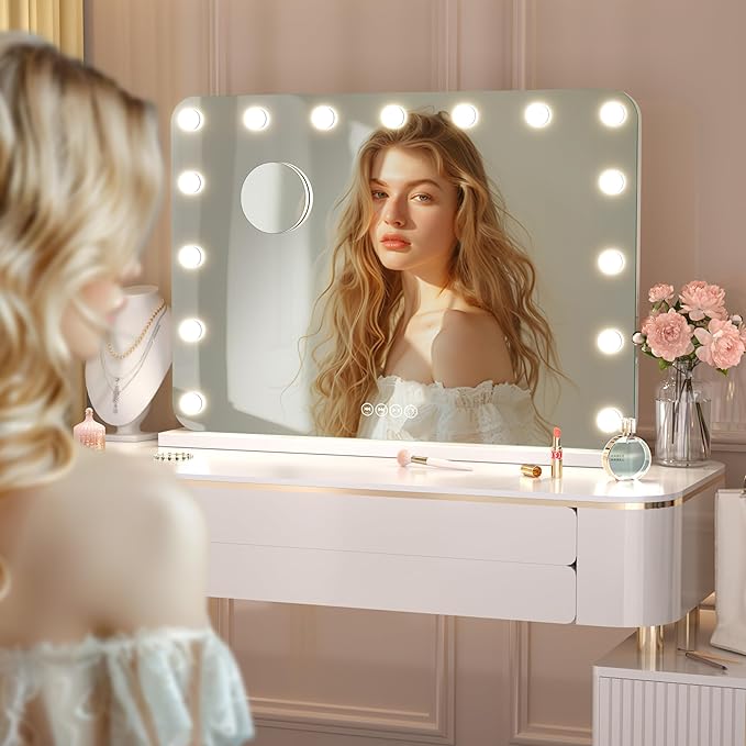 32''X22'' Hollywood Vanity Mirror with Lights, with Bluetooth Speaker, 3 Color Lighting Modes & Stepless Dimming, USB & Type-C Charging Port, 5X Magnification