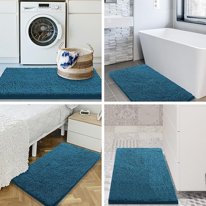 Smiry Luxury Chenille Bathroom Rugs 24x16, Extra Soft and Absorbent Shaggy Bath Mat, Machine Washable, Non-Slip Plush Carpet Runner for Tub, Shower, and Floor, Home Decor Accessories, Peacock Blue