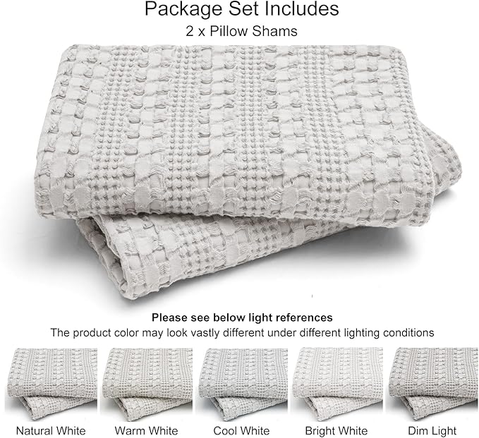 PHF 100% Cotton Waffle Pillow Shams Queen Size, 2 Pack 20" x 30" Soft Skin-Friendly Pillowcases, No Filling, Aesthetic Woven and Breathable Waffle Weave Pillow Case Covers for Bed, Light Grey