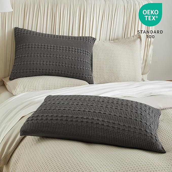 PHF 100% Cotton Waffle Pillow Shams Queen Size, 2 Pack 20" x 30" Soft Skin-Friendly Pillowcases, No Filling, Aesthetic Woven and Breathable Waffle Weave Pillow Case Covers for Bed, Charcoal Grey