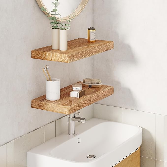 Rustic Solid Elm Wood Floating Shelves, 18" W x 8" D Floating Shelf Wall Mounted, 8 Inch Deep Wall Shelves, Wooden Bathroom Shelf for Home, Deep Bookshelf for Living Room, Set of 2